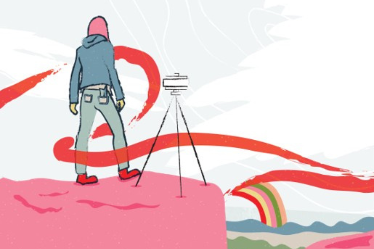 Illustration of a person standing on a pink cliff, facing swirling red lines and a rainbow.
